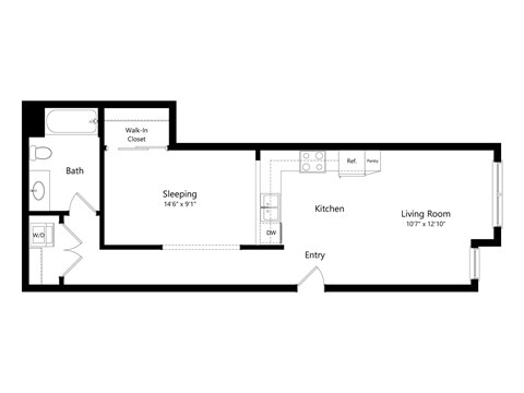 Floor plan for studio, 1 bath, 676 sqft